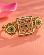 Brass Gold-Plated Jadau Square & Drop Double Finger Ring