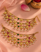 Women Brass 22K Micron Gold Plated Jadau Oval Elements Multilayer Earchain