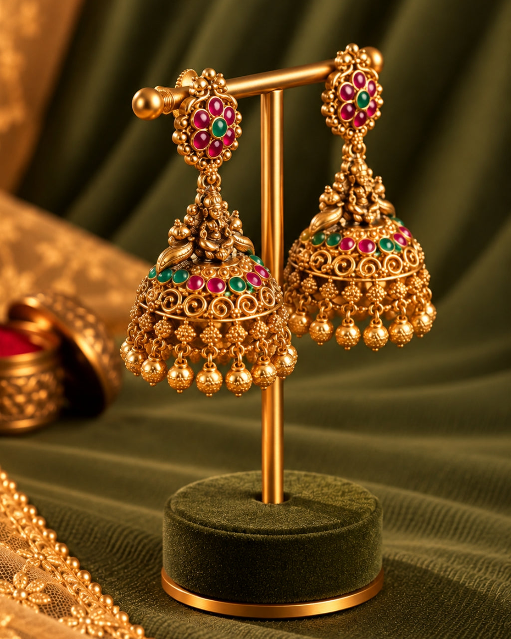 Temple Red & Green Stone Gold Plated Jhumka Earrings