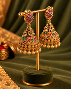 Temple Red & Green Stone Gold Plated Jhumka Earrings