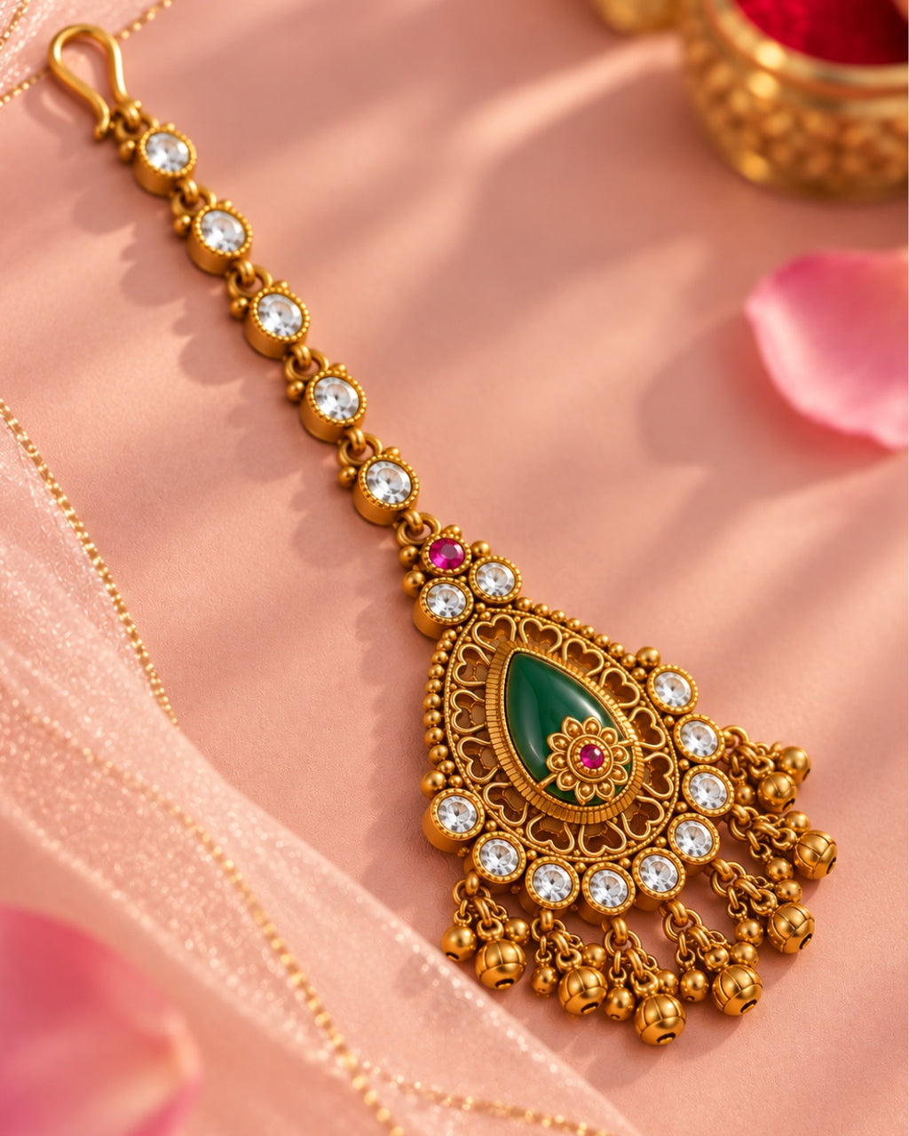 Traditional Brass Teardrop Stone & Beaded Maang Tikka