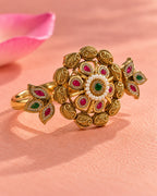 Brass Gold Plated Jadau Leafy Double FInger Ring