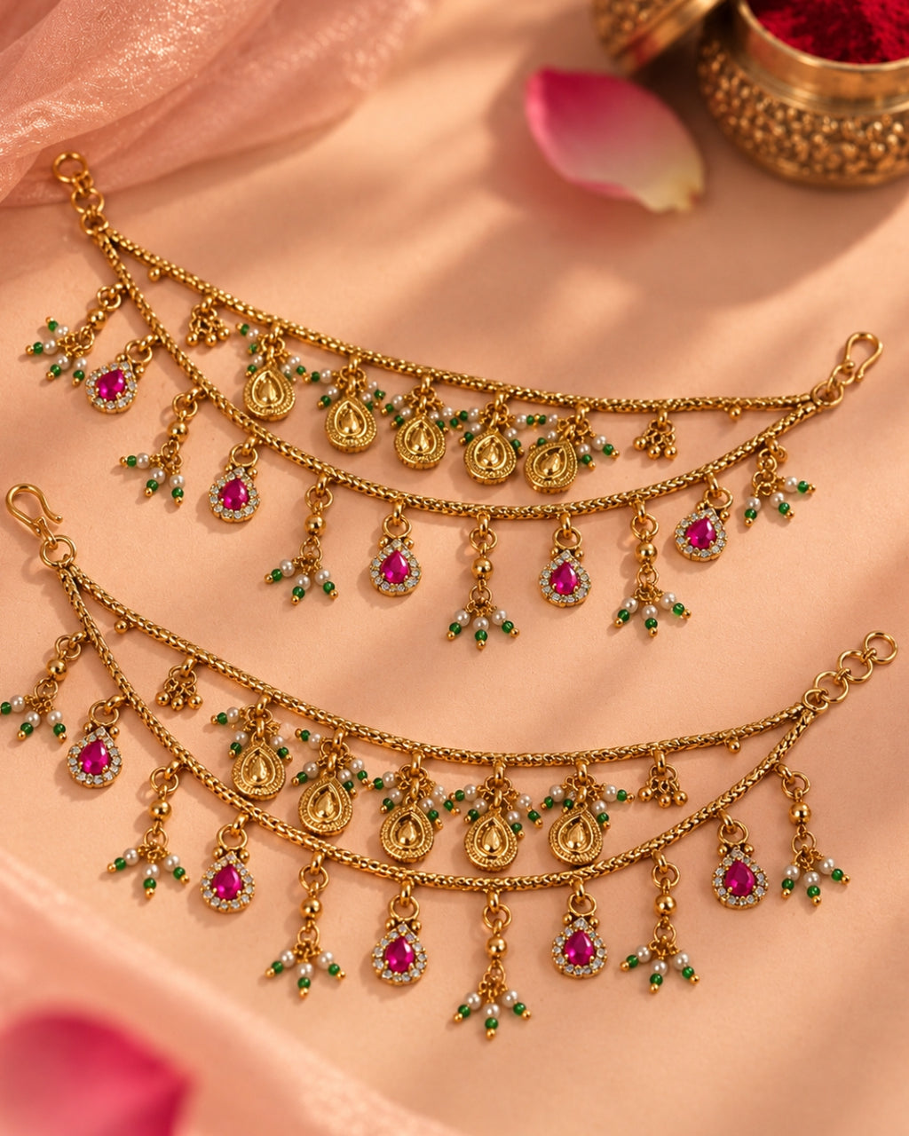 22K Micron Gold-Plated Jadau Pink Drop Elements Multilayer Ear Chain