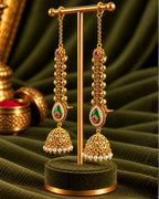 Women Brass 22K Micron Gold Plated Rajwadi Drop Shaped Green Stone Chain Jhumka Earrings