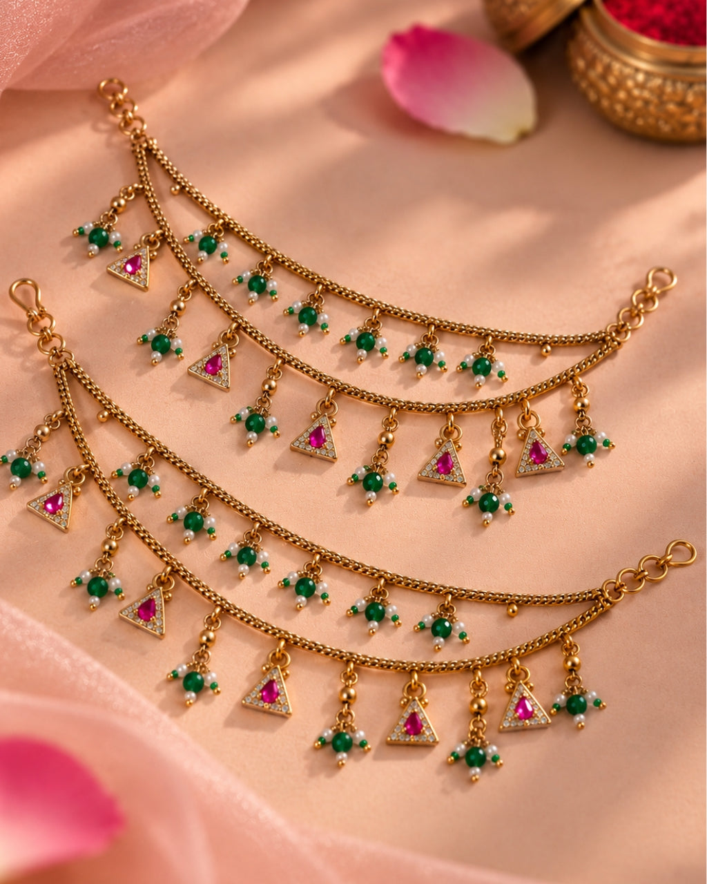 Gold-Plated Green Beaded Jadau Triangular Elements Multilayer Ear Chain