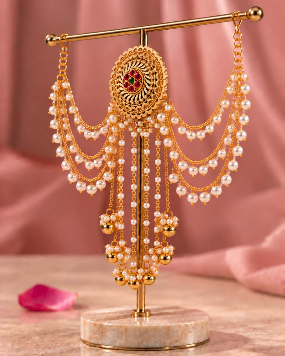 22K Gold Plated Pearl Beaded Hair Accessory with Floral Detail