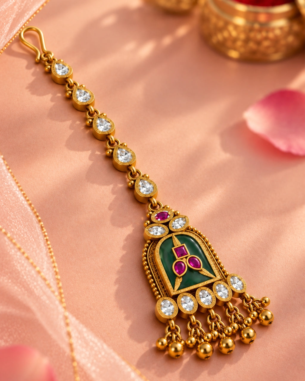 Brass Emerald & White Stone Beaded Gold-Plated Maang Tikka
