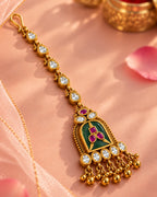 Brass Emerald & White Stone Beaded Gold-Plated Maang Tikka