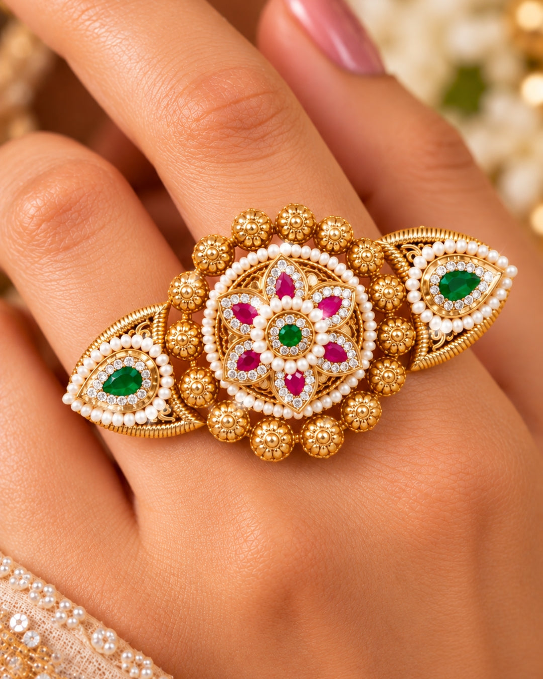 Brass Gold-Plated Jadau Round Pearl & Stone Studded Double Finger Ring