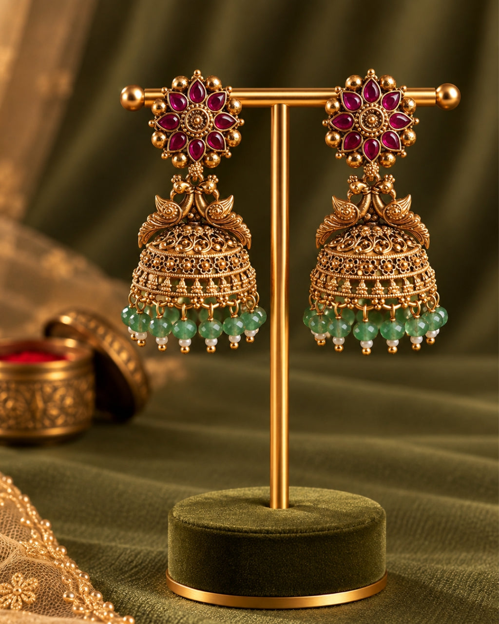 Gold Plated Peacock Red Stone & Green beads Jhumka Earrings