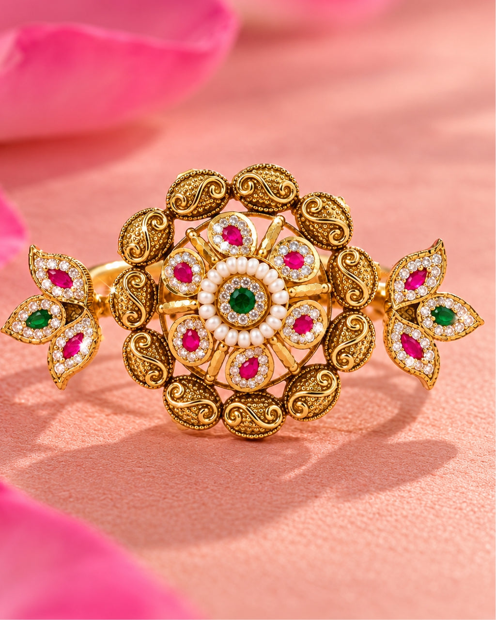 Brass Gold Plated Jadau Leafy Double FInger Ring