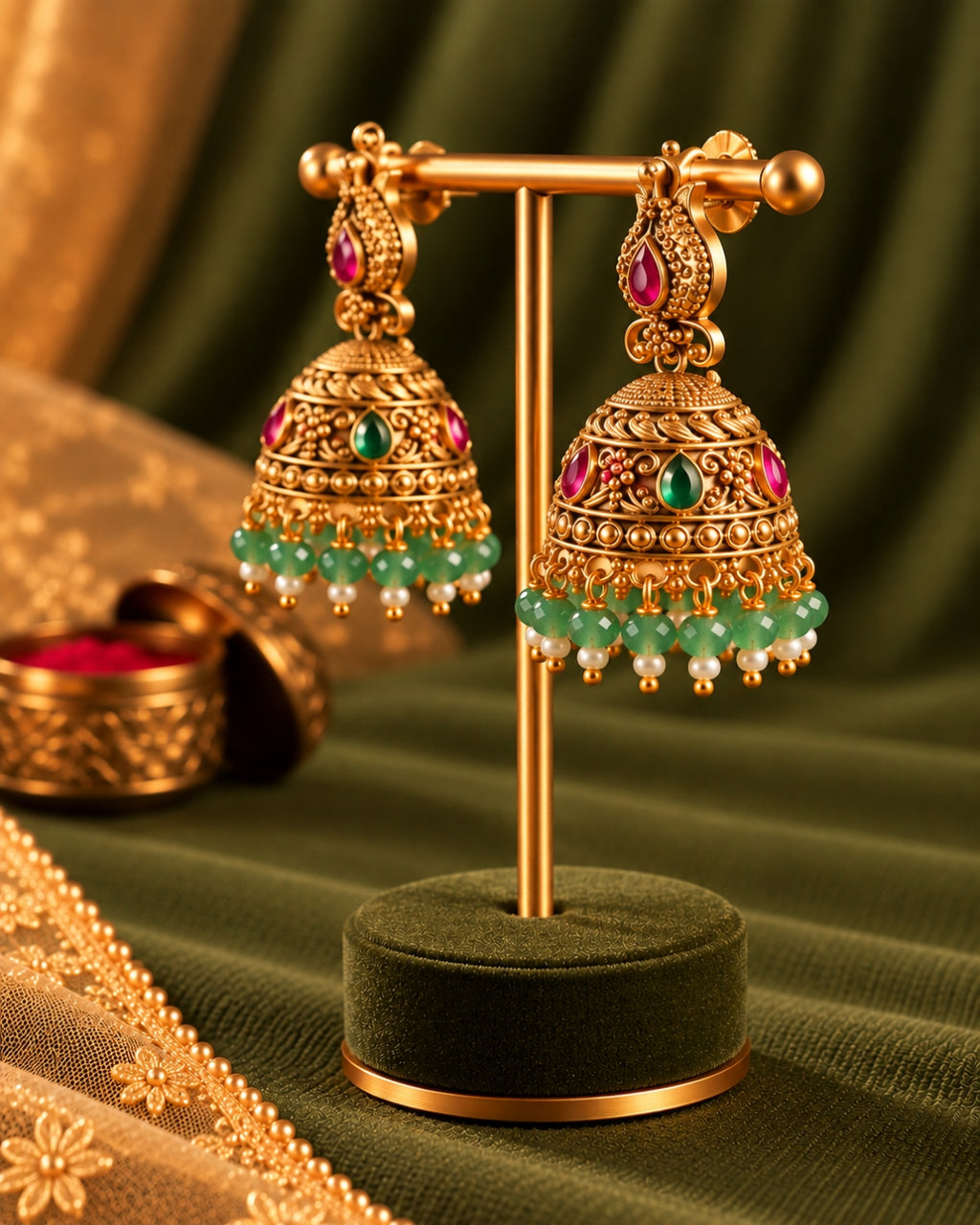 Traditional Gold-Plated Red stone & Mint Beads Bird Jhumka Earrings