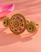 Brass Gold-Plated Jadau Round Pink & White Stone Double Finger Ring