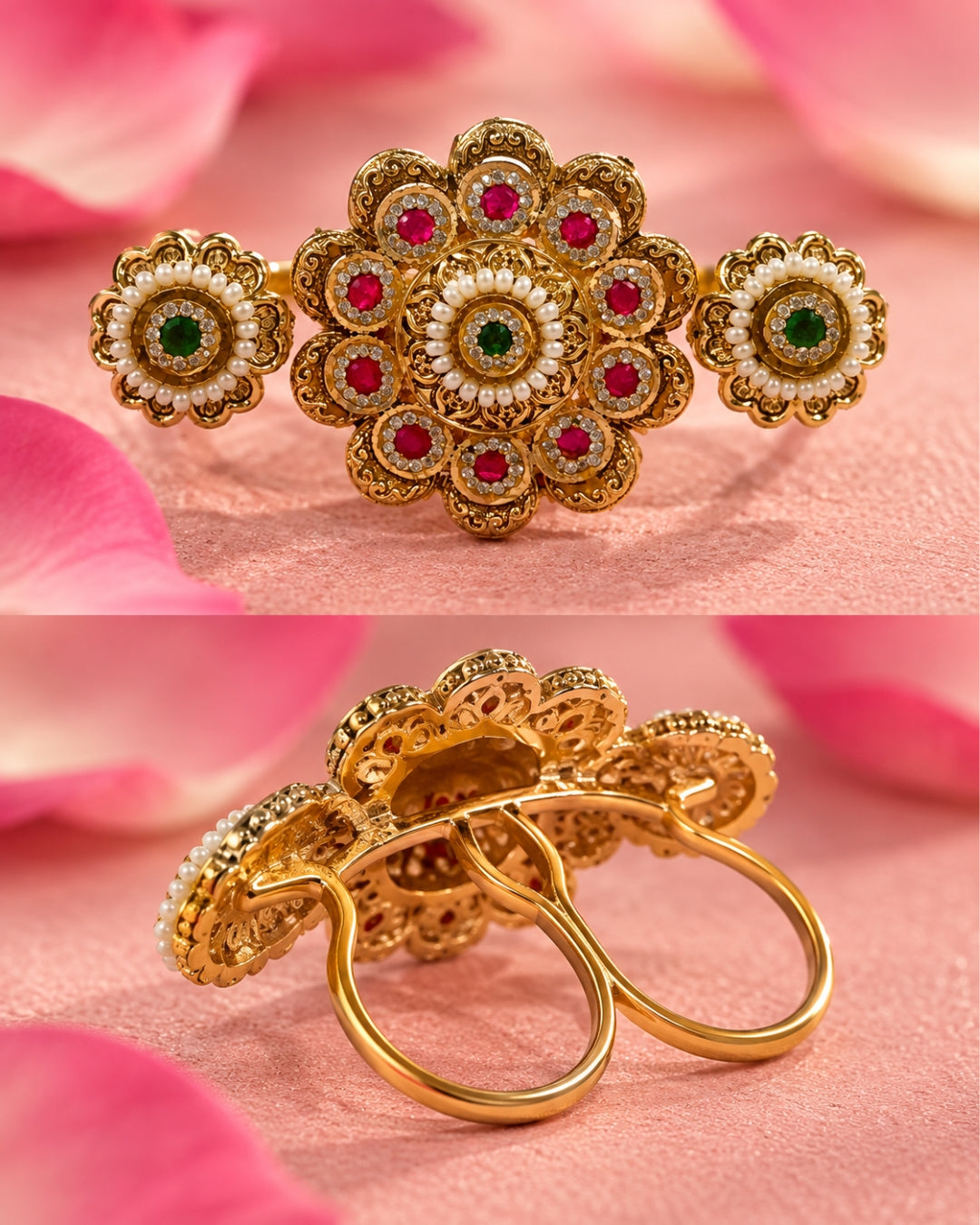 Brass Gold Plated Floral Jadau Double Floral Finger Ring