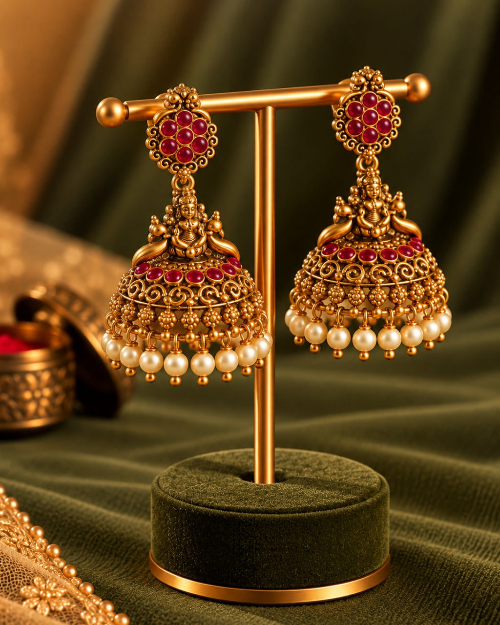 Temple White beaded Red Stone Traditional Jhumka Earrings