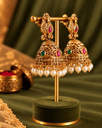 Gold-Plated White Beaded Traditional Bird Jhumka Earrings
