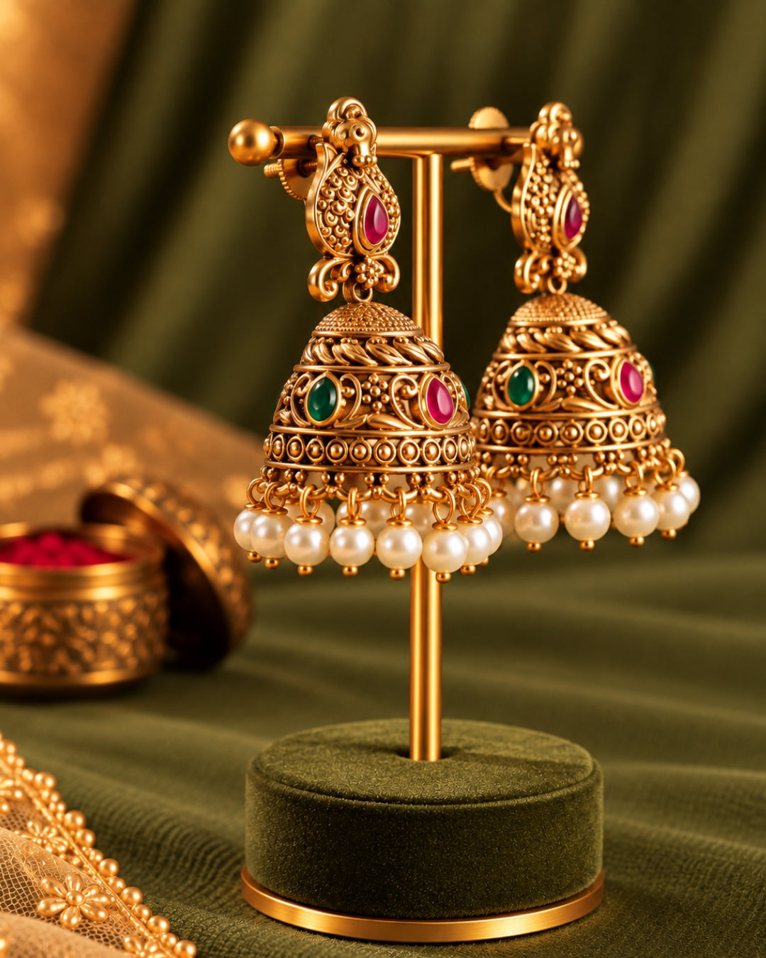 Gold-Plated White Beaded Traditional Bird Jhumka Earrings