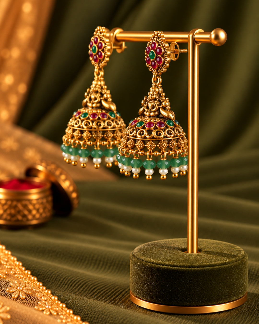 Mint Green Beaded & Red stone Temple Jhumka Earrings