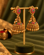 Temple Red & Green Stone Gold Plated Jhumka Earrings