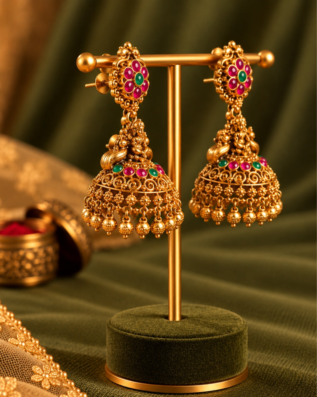 Temple Red & Green Stone Gold Plated Jhumka Earrings