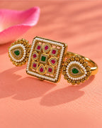 Brass Gold-Plated Jadau Square & Drop Double Finger Ring