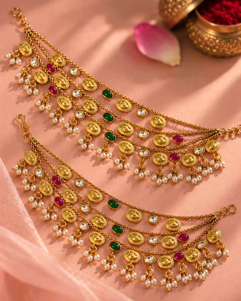 Women Brass 22K Micron Gold Plated Jadau Oval Elements Multilayer Earchain