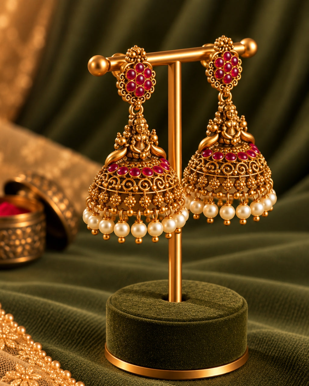 Temple White beaded Red Stone Traditional Jhumka Earrings