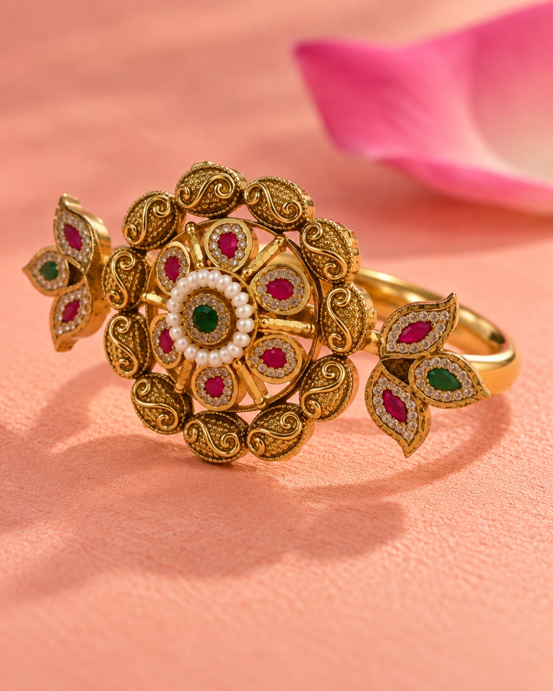 Brass Gold Plated Jadau Leafy Double FInger Ring