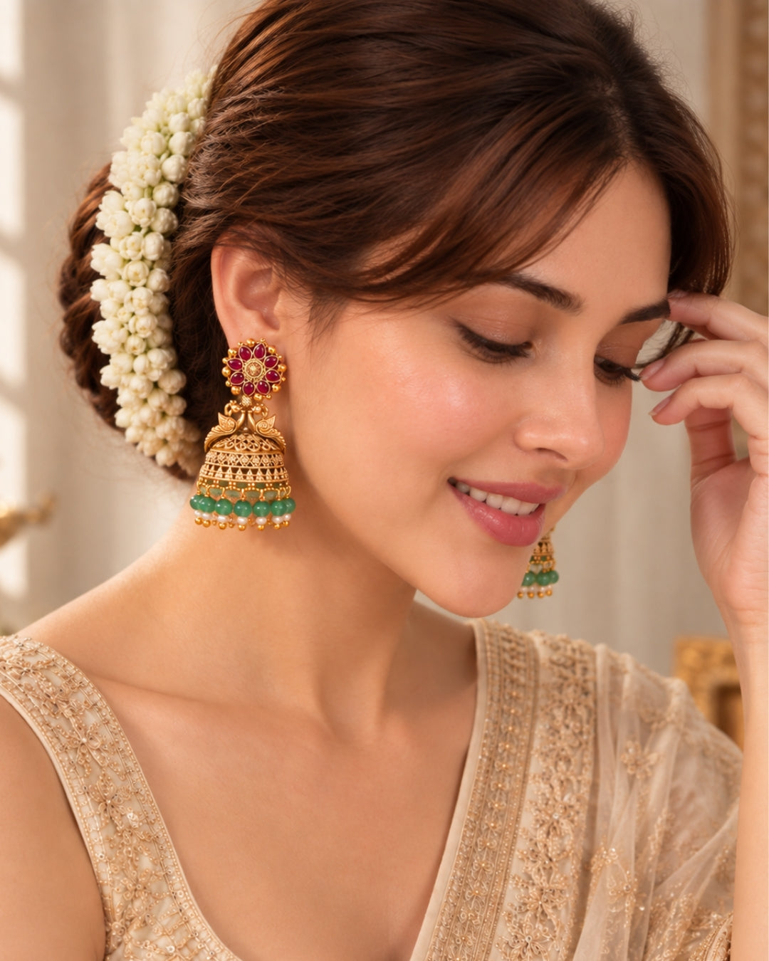 Gold Plated Peacock Red Stone & Green beads Jhumka Earrings