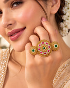 Brass Gold-Plated Jadau Round Pink & White Stone Double Finger Ring