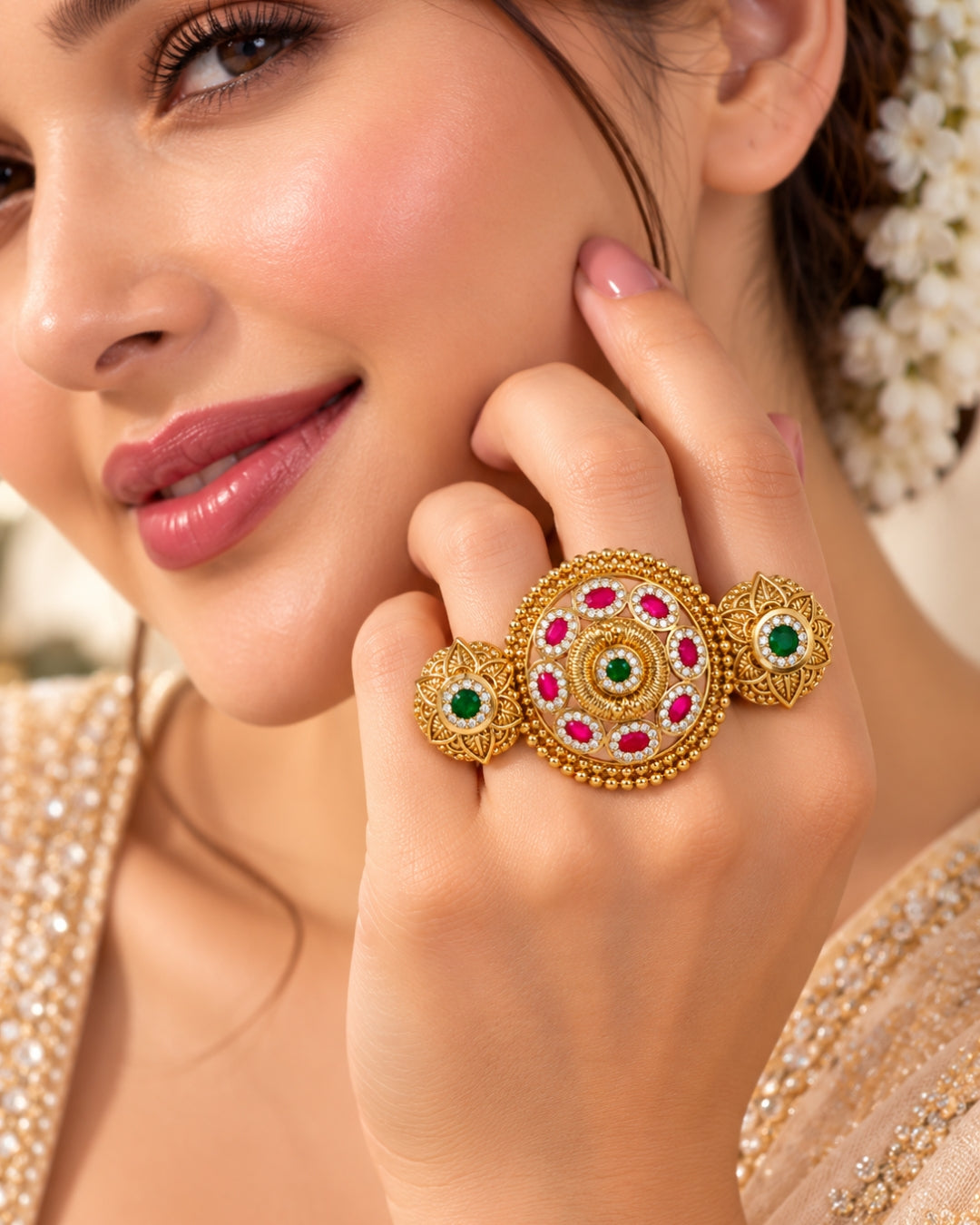 Brass Gold-Plated Jadau Round Pink & White Stone Double Finger Ring