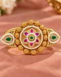 Brass Gold-Plated Jadau Round Pearl & Stone Studded Double Finger Ring