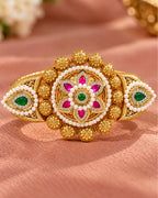 Brass Gold-Plated Jadau Round Pearl & Stone Studded Double Finger Ring