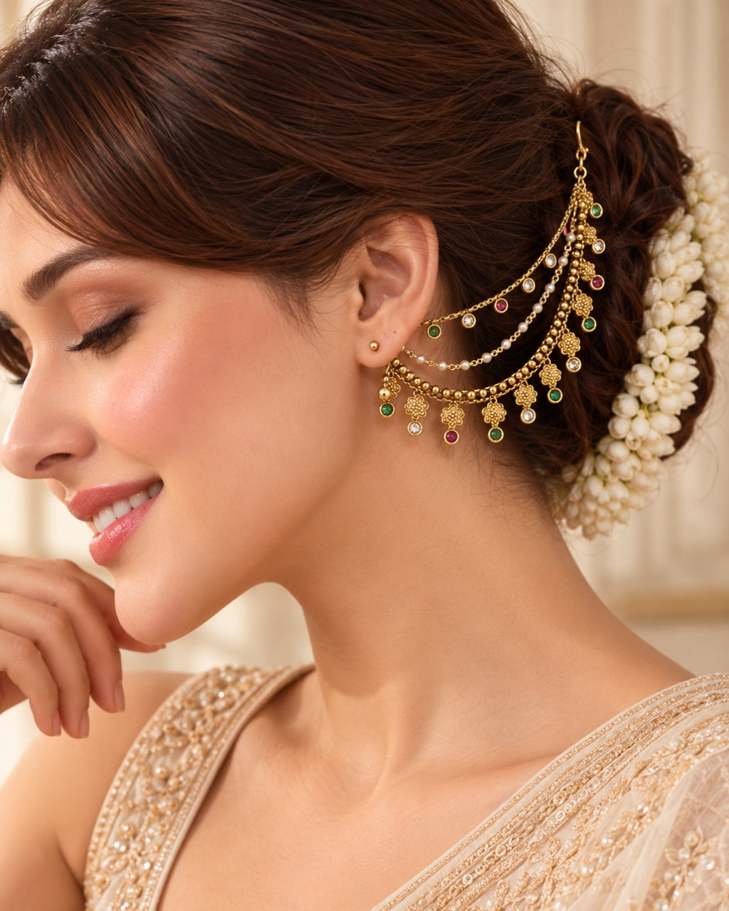 Traditional Brass 22 K Micron Gold Plated Jadau with Pearls Floral Multilayer Earchain