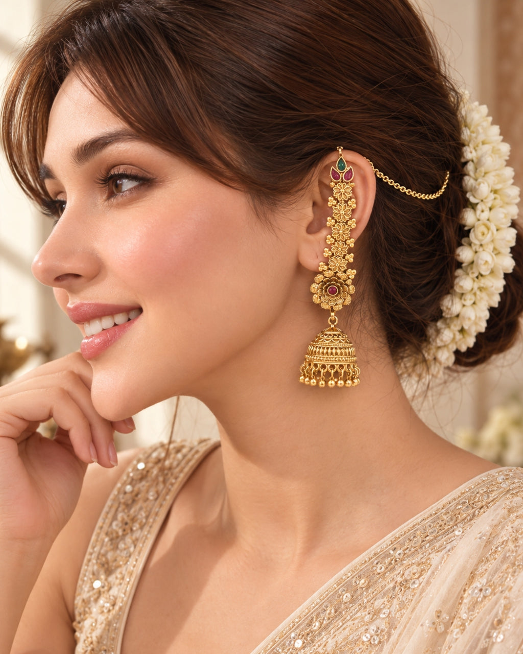 Traditional Brass 22K Micron Gold Plated Chain Jhumka Earrings