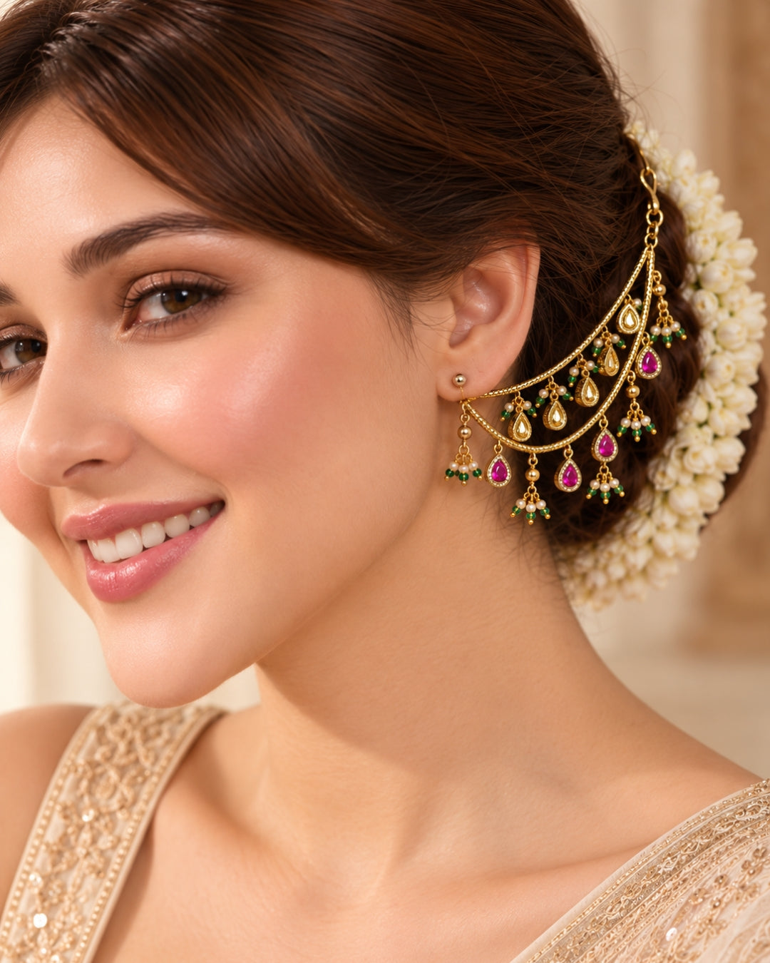 22K Micron Gold-Plated Jadau Pink Drop Elements Multilayer Ear Chain