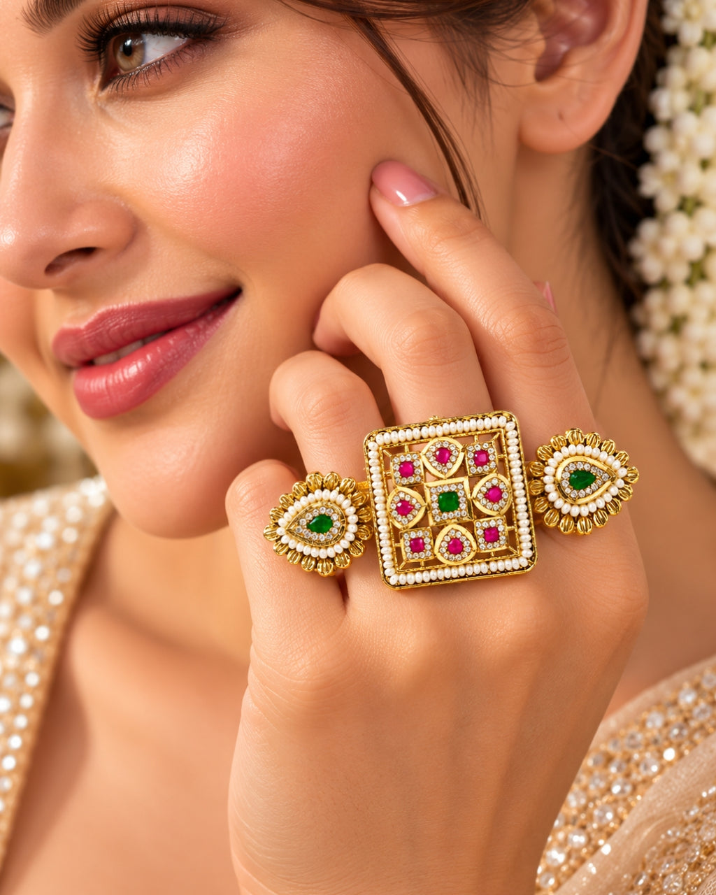 Brass Gold-Plated Jadau Square & Drop Double Finger Ring