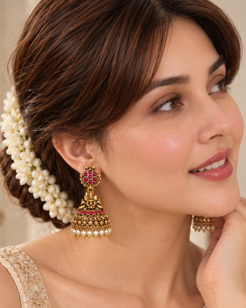 Temple White beaded Red Stone Traditional Jhumka Earrings