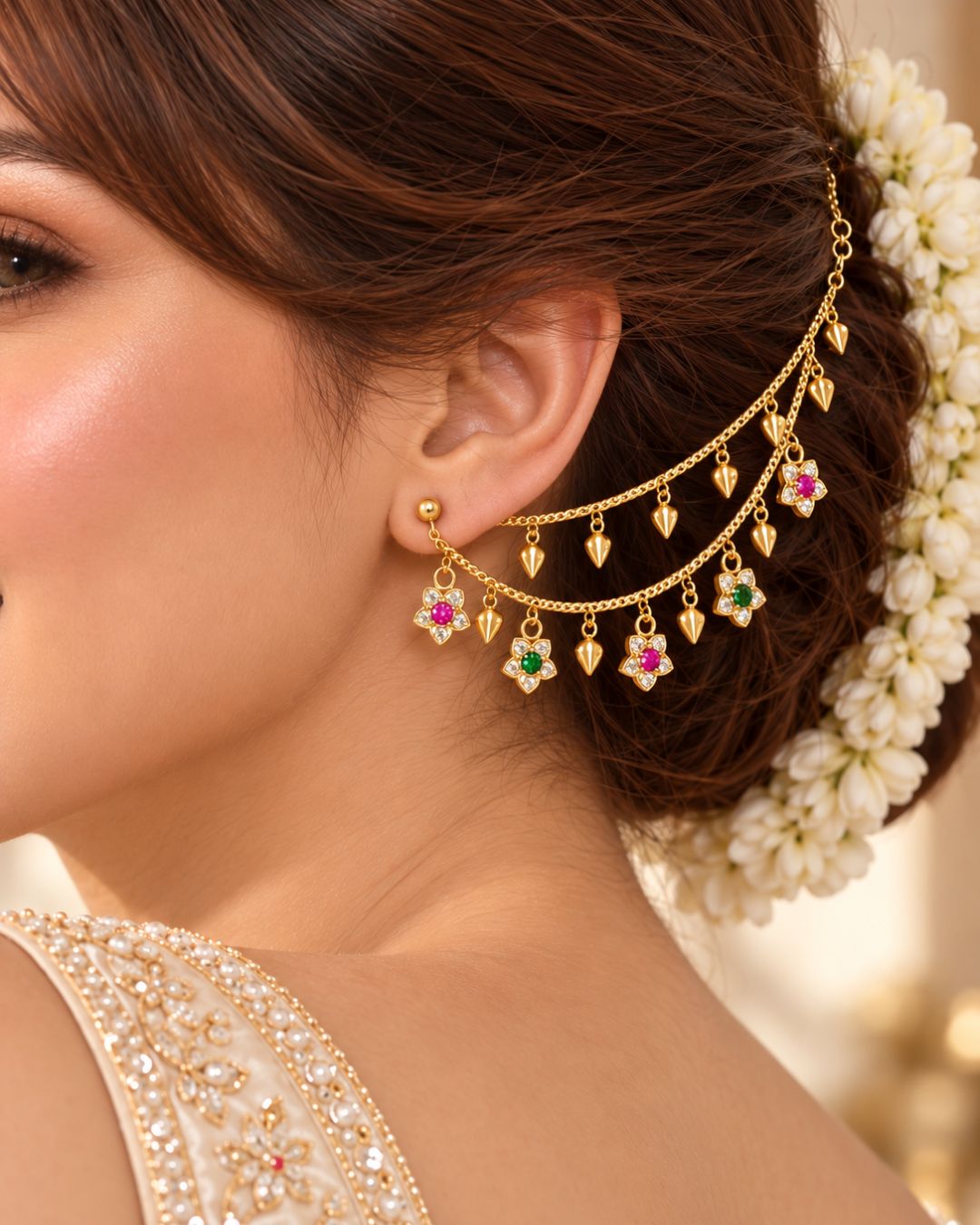 Women Brass 22K Micron Gold Plated Jadau Star Elements Multilayer Earchain