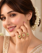 Brass Gold Plated Floral Jadau Double Floral Finger Ring