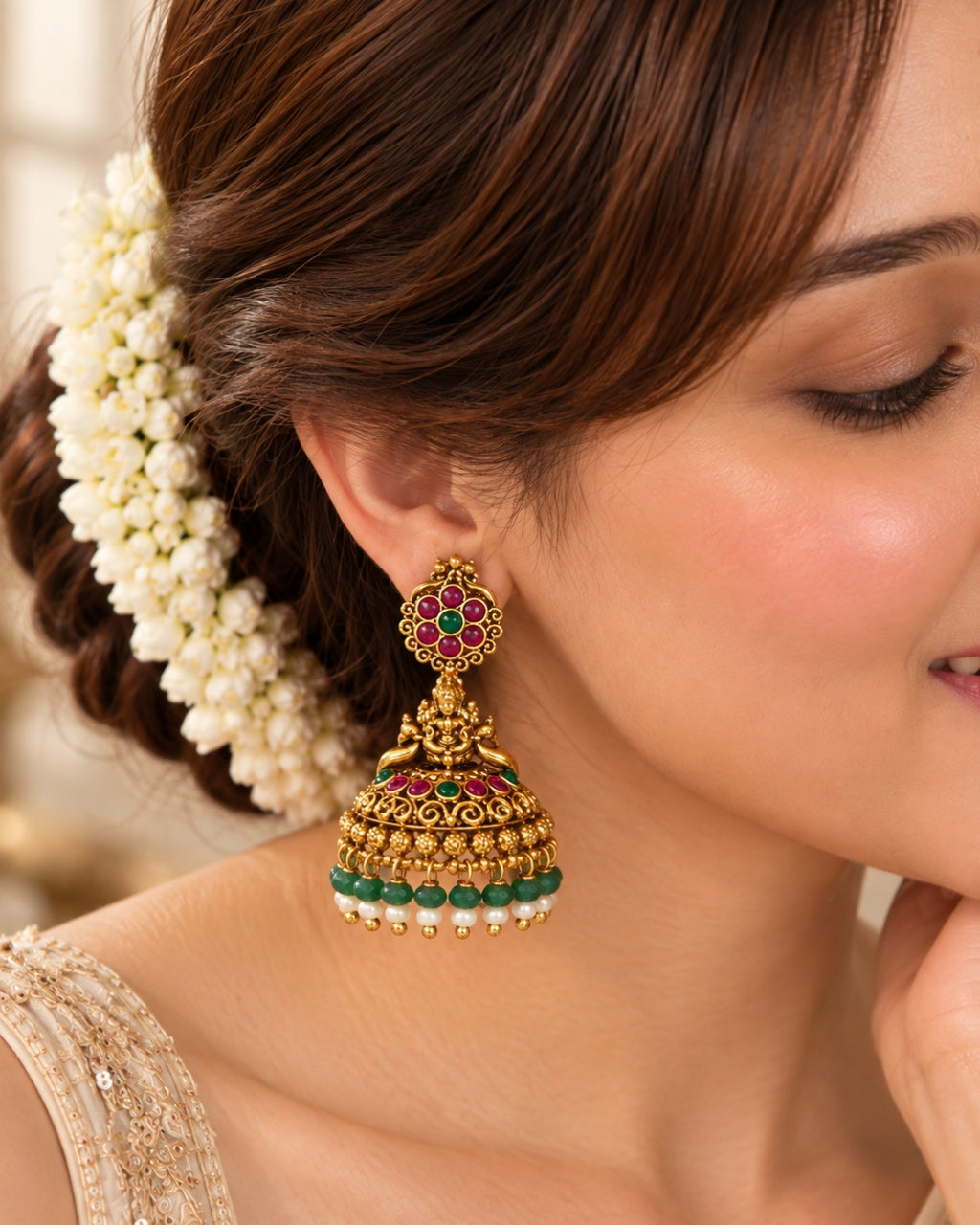 Mint Green Beaded & Red stone Temple Jhumka Earrings