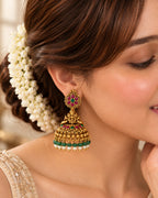 Mint Green Beaded & Red stone Temple Jhumka Earrings