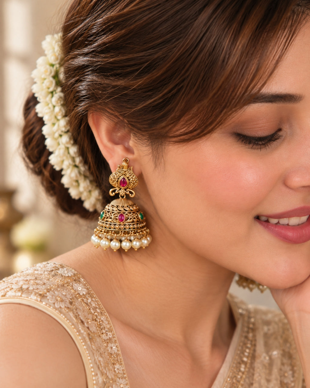 Gold-Plated White Beaded Traditional Bird Jhumka Earrings