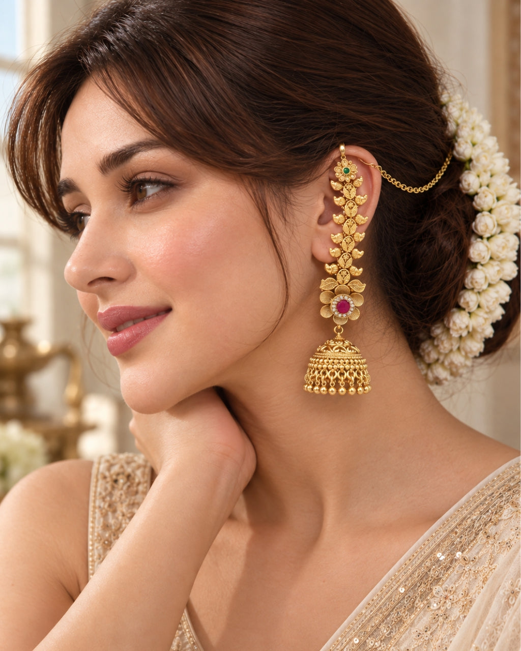 Women Brass 22K Micron Gold Plated Red Stone and AD Floral Traditional Chain Jhumka Earrings