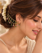 Gold-Plated Green Beaded Jadau Triangular Elements Multilayer Ear Chain