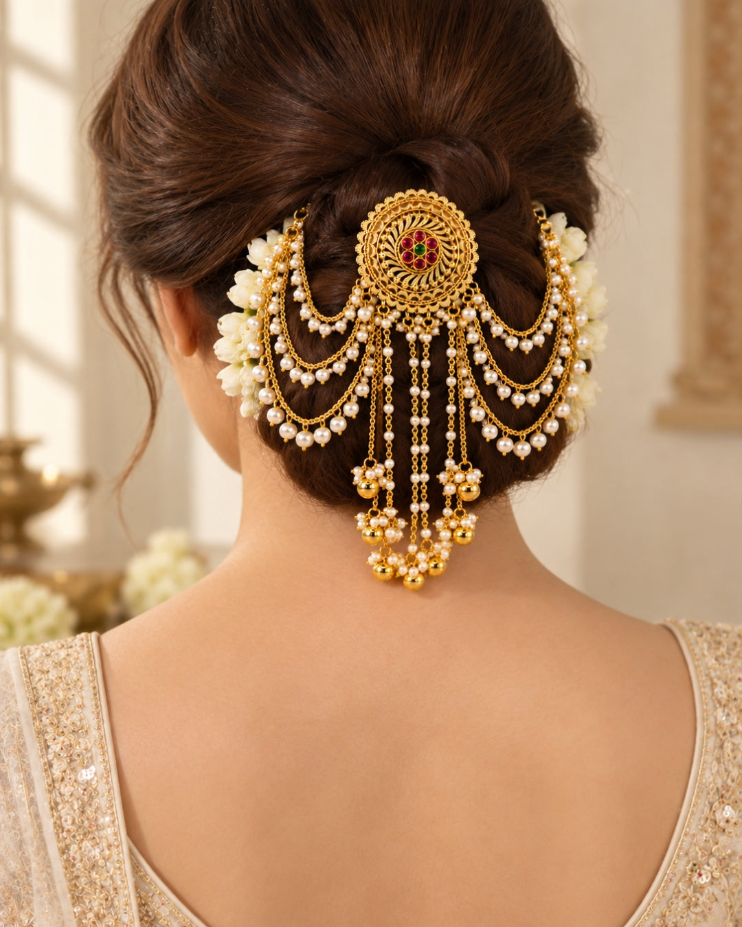 22K Gold Plated Pearl Beaded Hair Accessory with Floral Detail