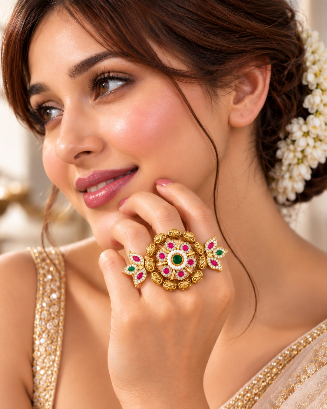 Brass Gold Plated Jadau Leafy Double FInger Ring