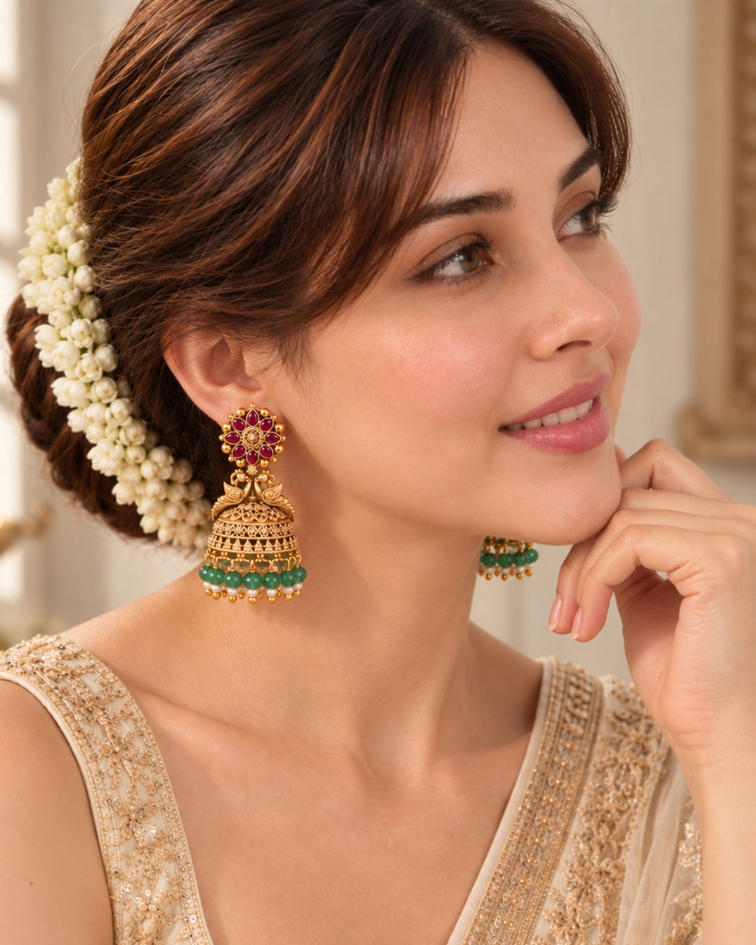 Gold Plated Peacock Red Stone & Green beads Jhumka Earrings