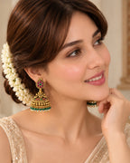 Mint Green Beaded & Red stone Temple Jhumka Earrings