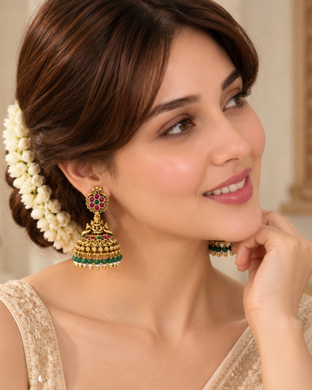 Mint Green Beaded & Red stone Temple Jhumka Earrings